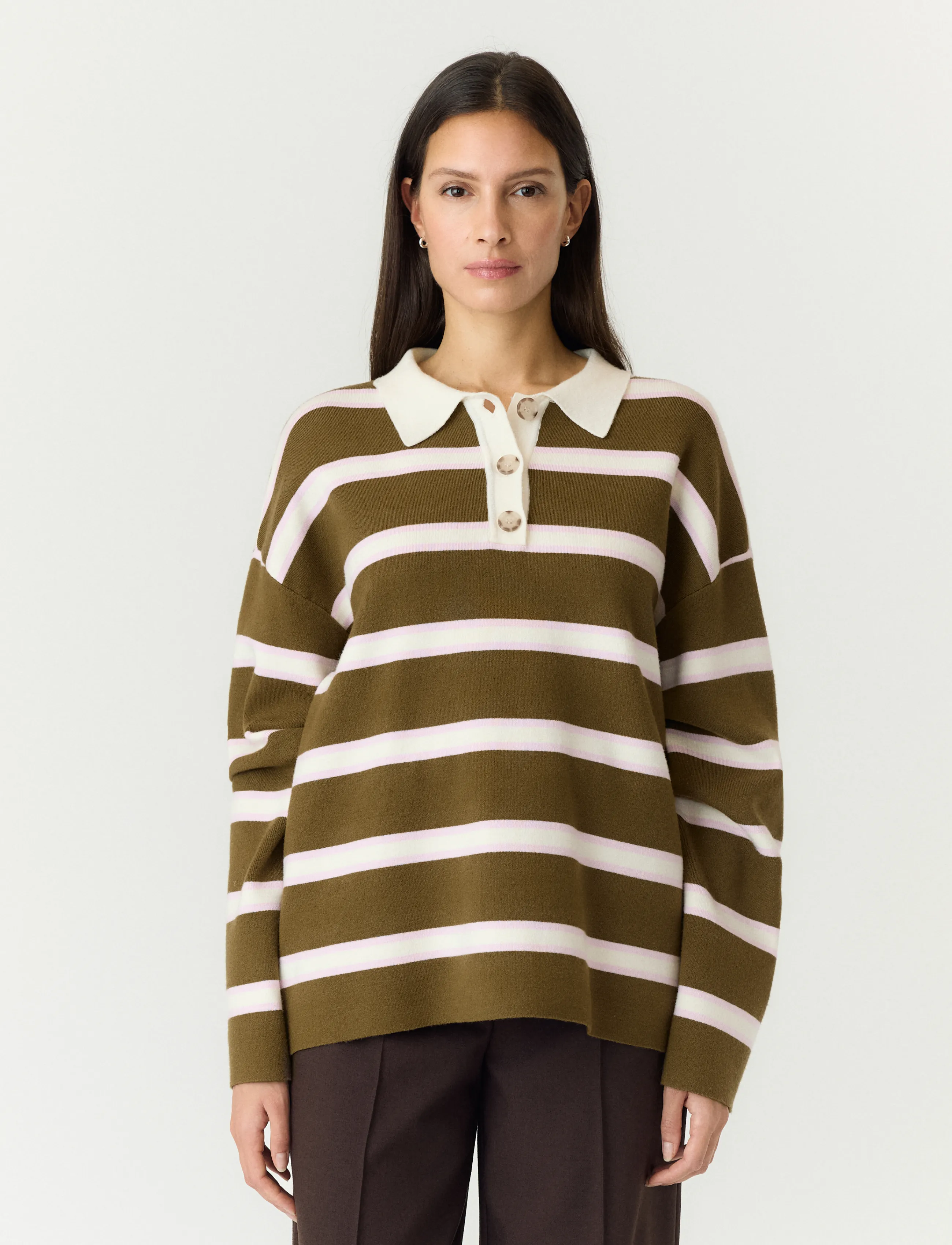 YAS isabell Ls Polo Knit Pullover S. Noos, Kvinder, Stribet Polo Striktrøje, Kakigrøn, Str: L