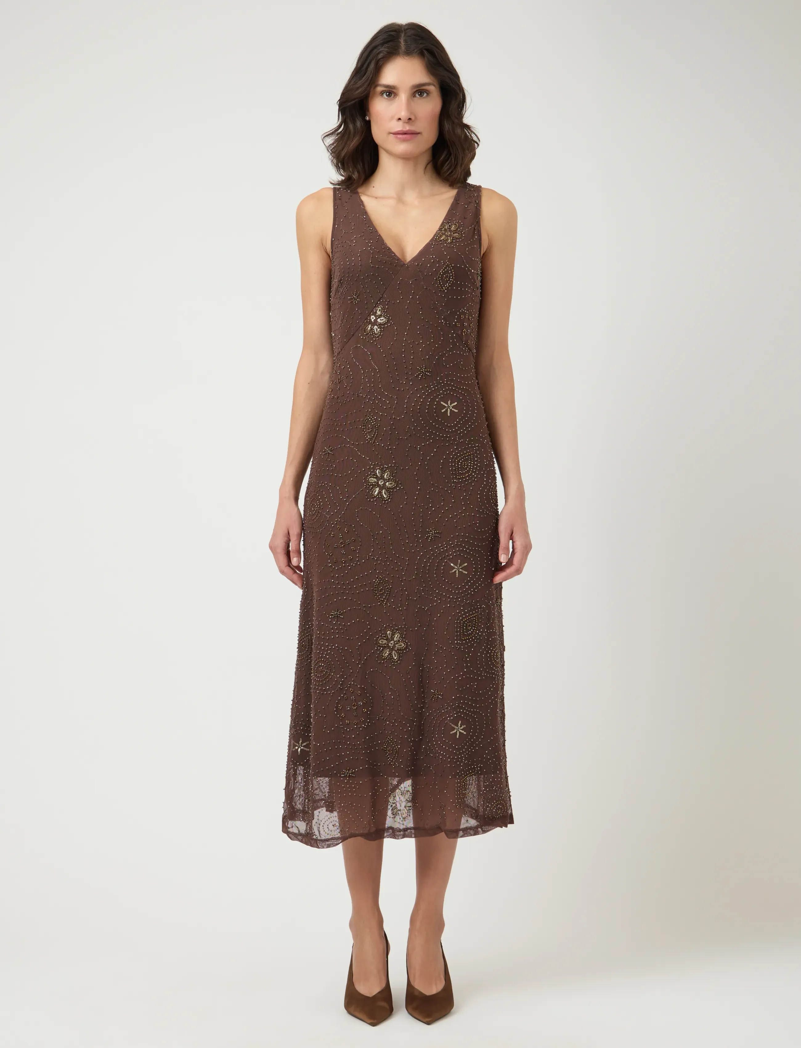 YAS Yasnura Sl Long Mesh Dress - Fest, L, Brown, Kjoler > Pailletkjoler, Dame