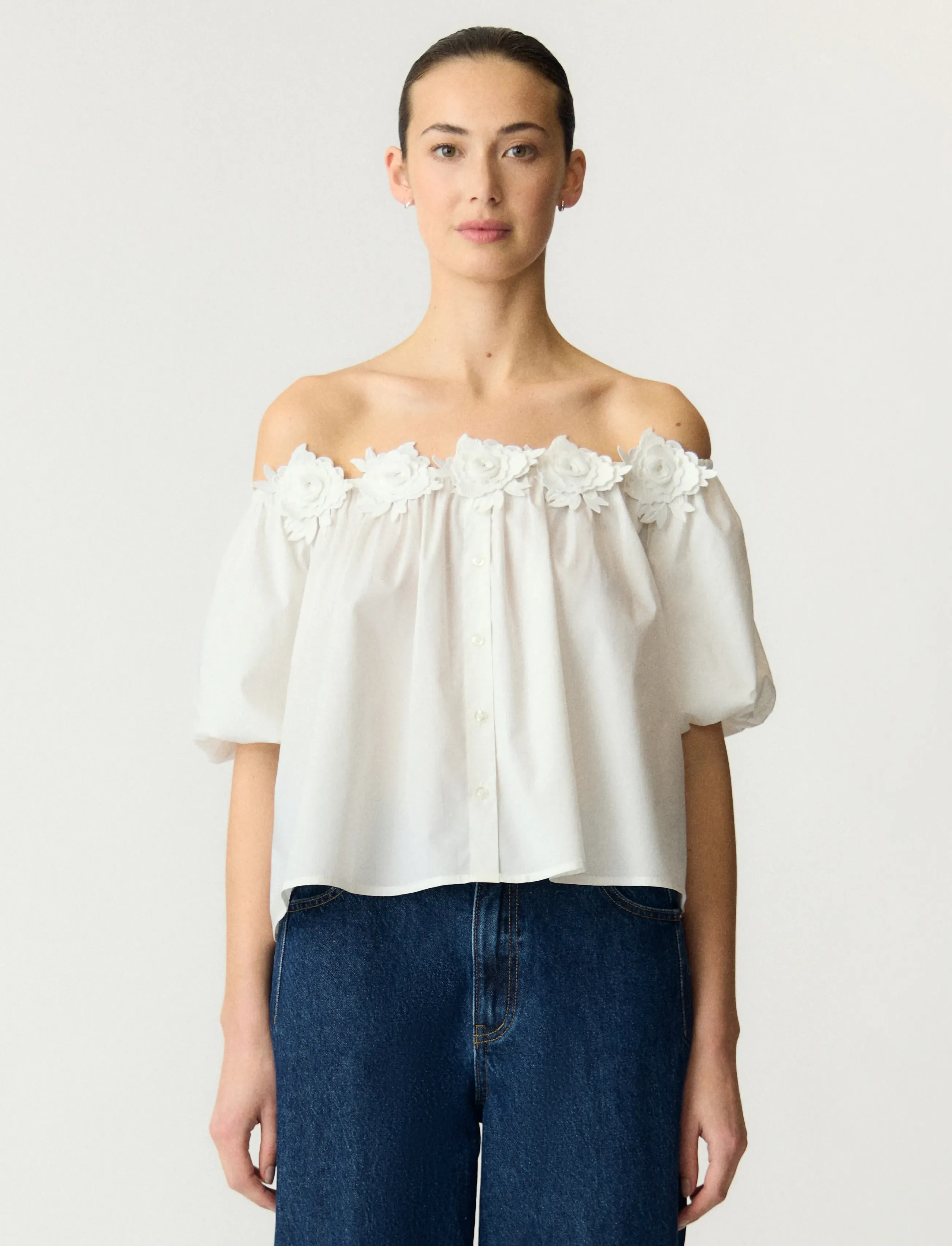YAS manly Off-Shoulder 2/4 Top, Kvinder, Off-Shoulder Blomsterbluse, Hvid, Str: 40