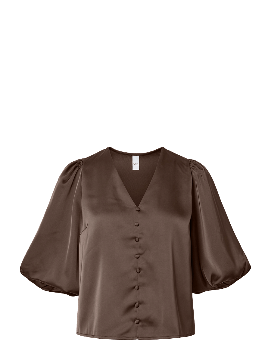YAS - YASPELLA 2/4 V-NECK TOP S. NOOS - kurzärmelige blusen - chocolate brown - 0