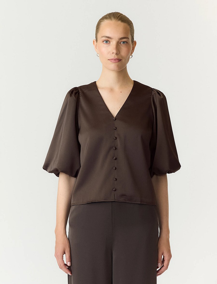 YAS - YASPELLA 2/4 V-NECK TOP S. NOOS - kurzärmelige blusen - chocolate brown - 0