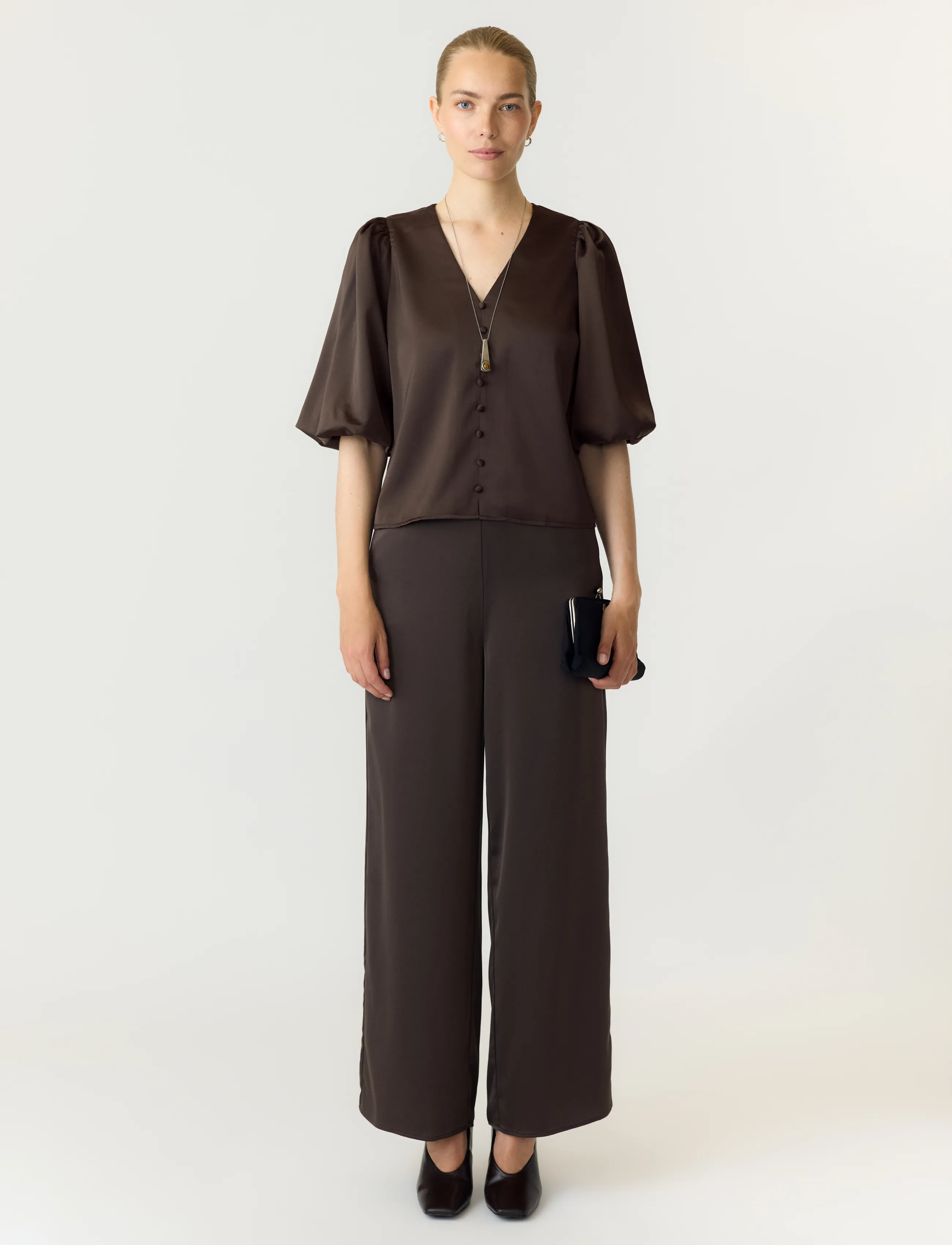 YAS - YASPELLA 2/4 V-NECK TOP S. NOOS - kurzärmelige blusen - chocolate brown - 5