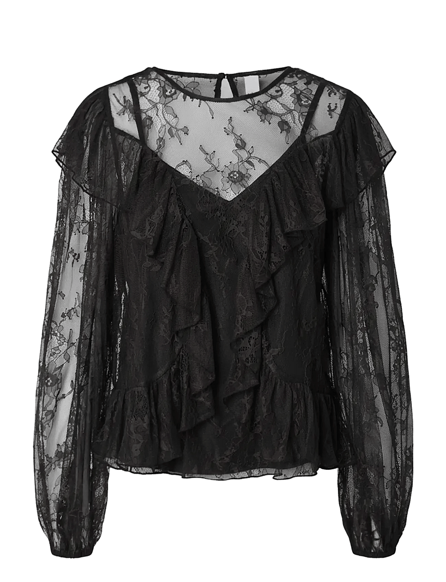 YAS - YASLEONTINE LS LACE TOP S. - SHOW - långärmade blusar - black - 0