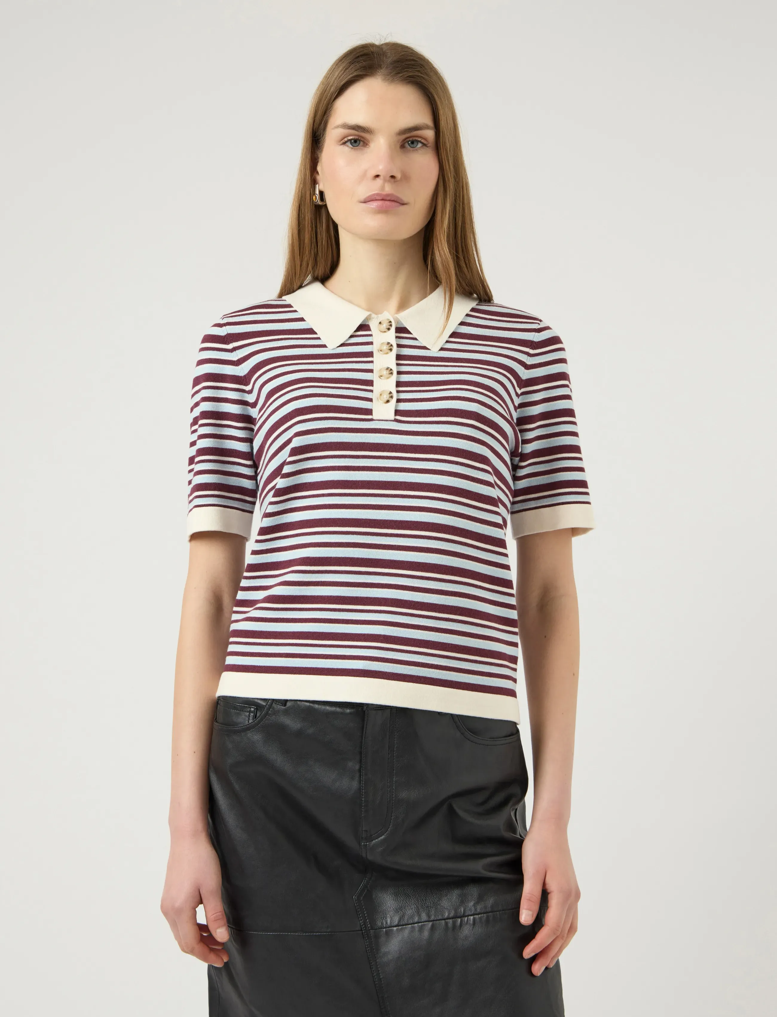 YAS belle Ss Polo Knit Pullover D2D, Kvinder, Stribet Polo Strikket Pullover, Cream, Str: XL