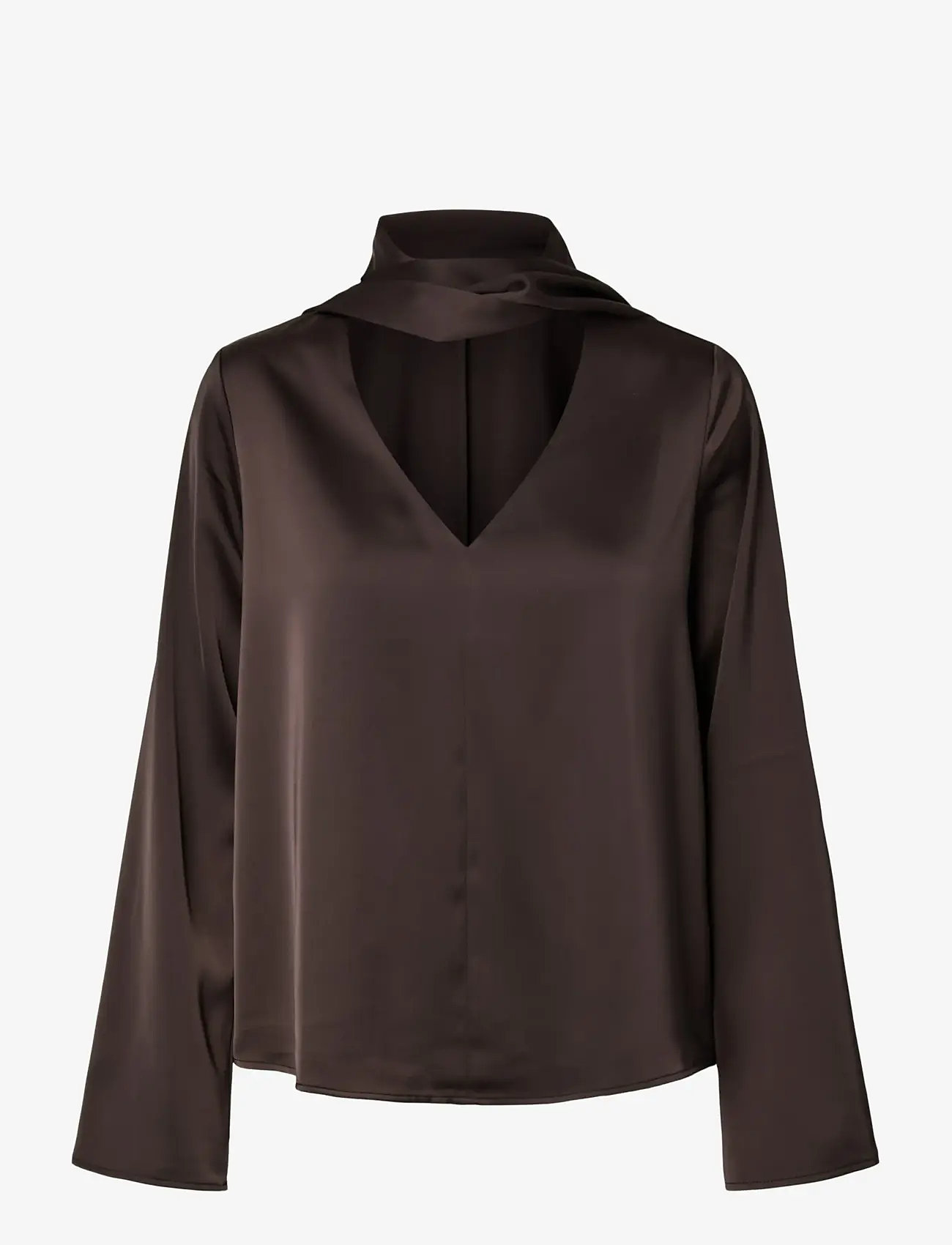 YAS - YASPELLA LS SCARF TOP S. - D2D - long sleeved blouses - chocolate brown - 0
