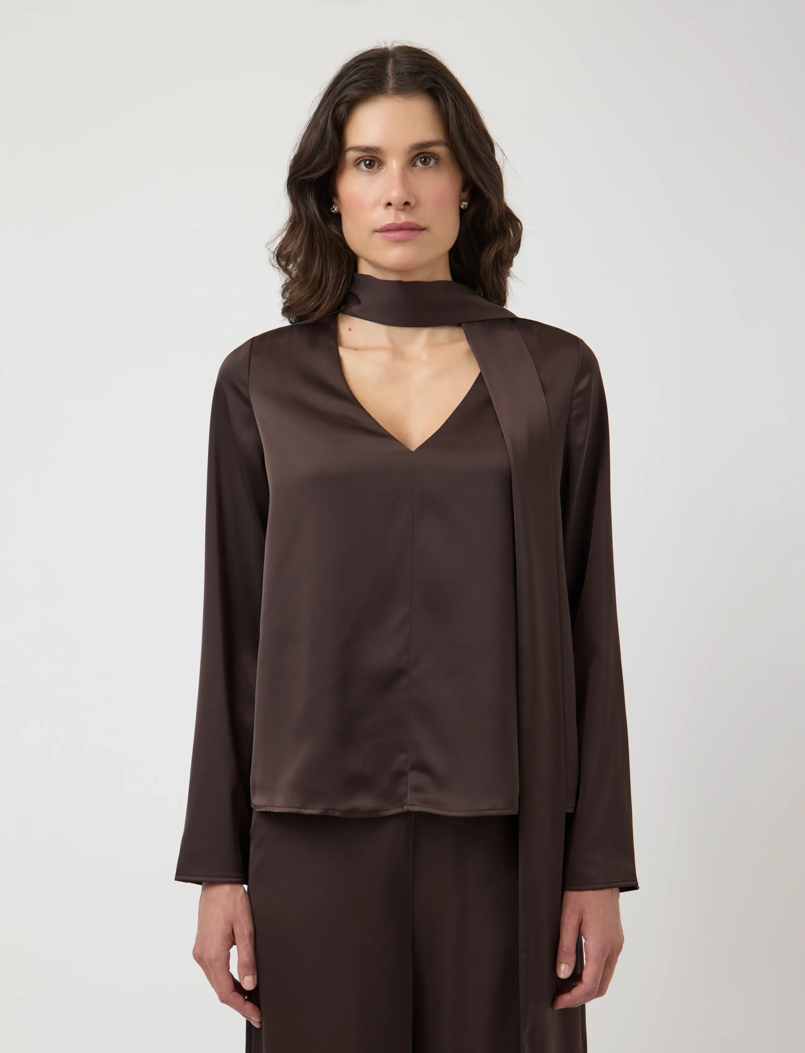 YAS YASPELLA LS SCARF TOP S. - D2D - Blouses & Overhemden - CHOCOLATE BROWN / brown