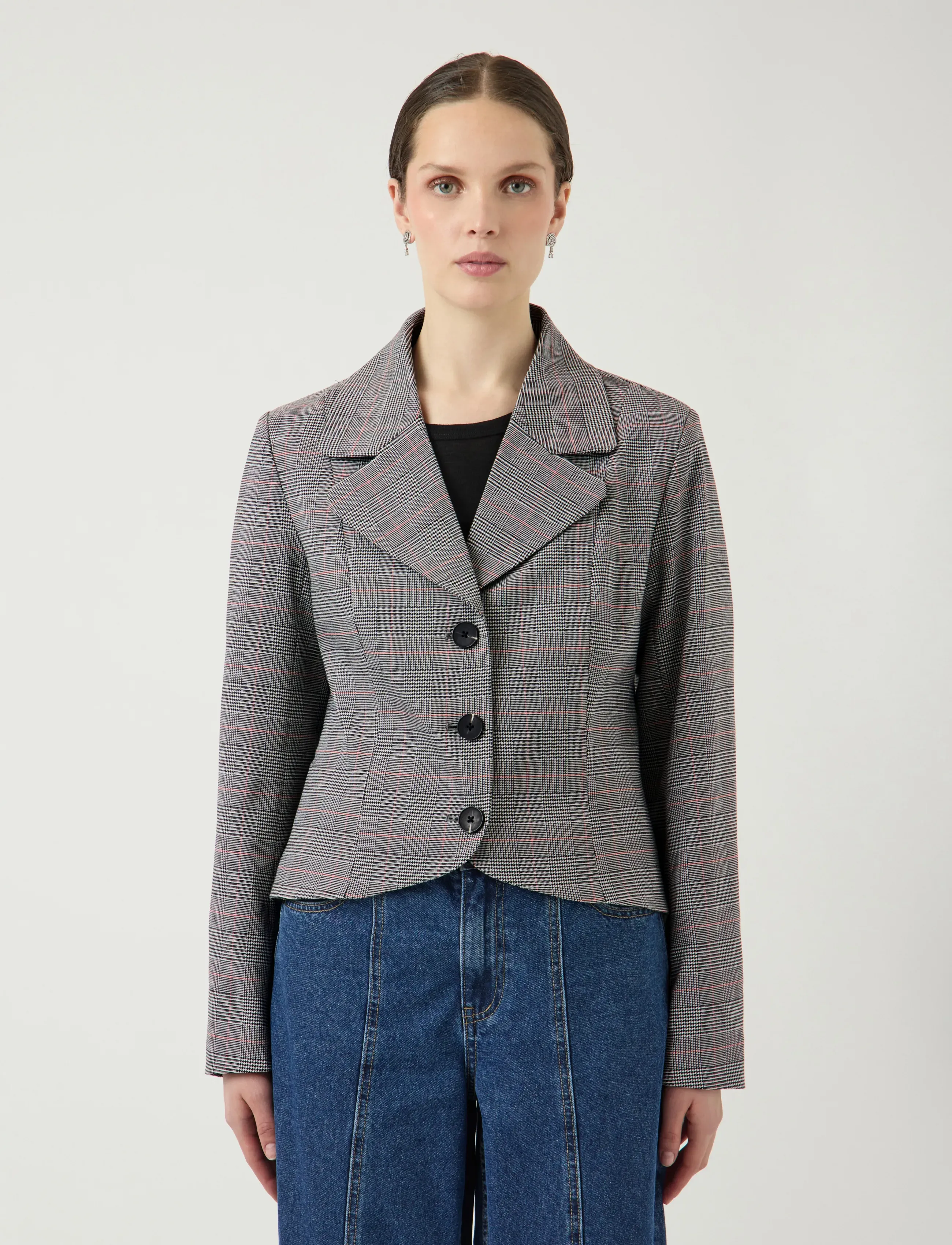 YAS thela Ls Checked Jacket Ex, Kvinder, Kort Tern Blazer, Sort, Str: 34
